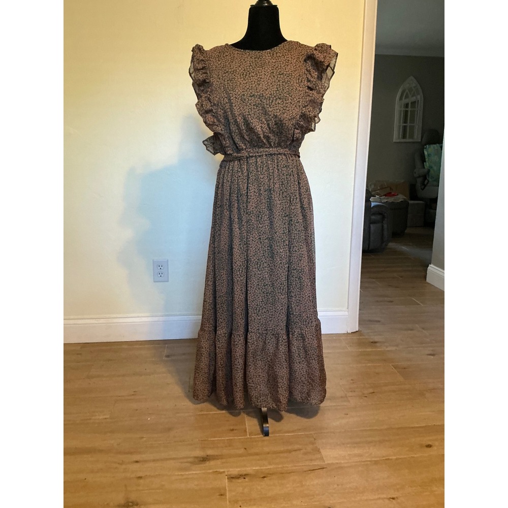 In Loom Green Floral Ruffle Open Back Maxi Dress 1X Womens Boho Tiered